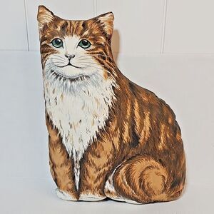 Vtg Hand Sewn Figural Tabby Cat Throw Pillow Brown Green Eyes 80s Chair Sitter